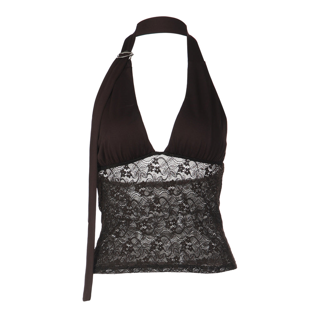 Women's Summer See through Lace Tube Top Sexy Stitching Deep V Plunge Halter Top