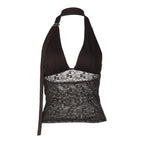Women's Summer See through Lace Tube Top Sexy Stitching Deep V Plunge Halter Top