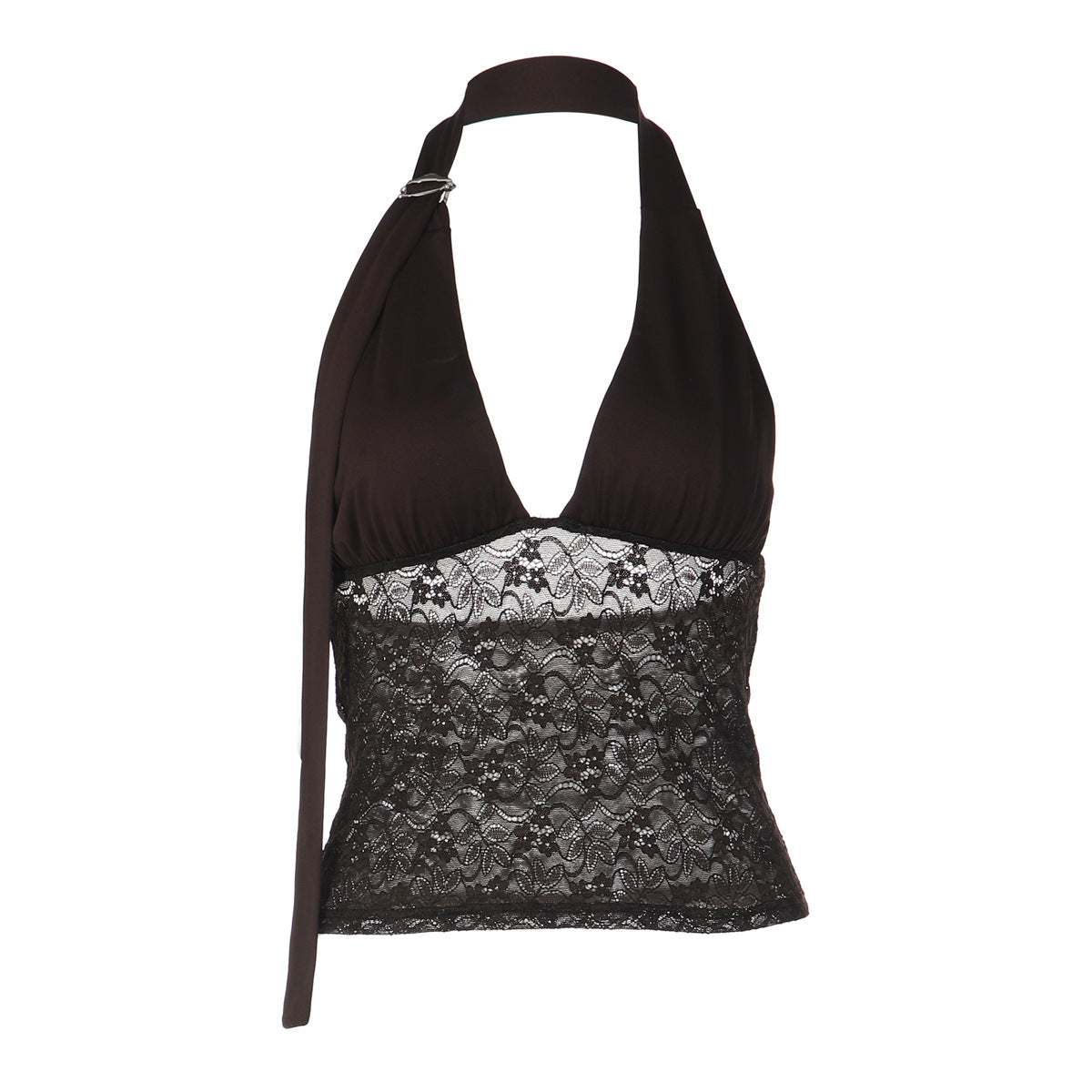 Women's Summer See through Lace Tube Top Sexy Stitching Deep V Plunge Halter Top