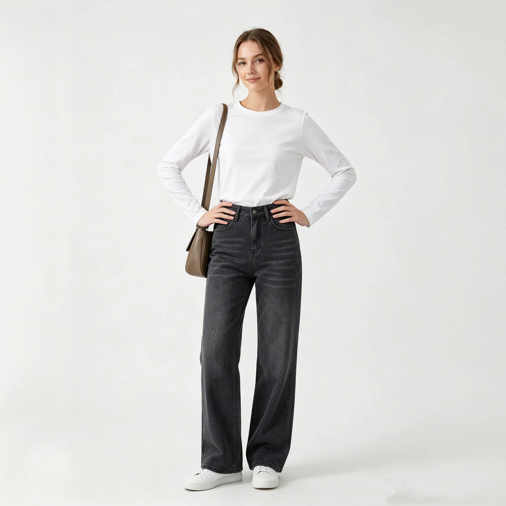 HW Loose Straight Casual All Match Washed Women Jeans