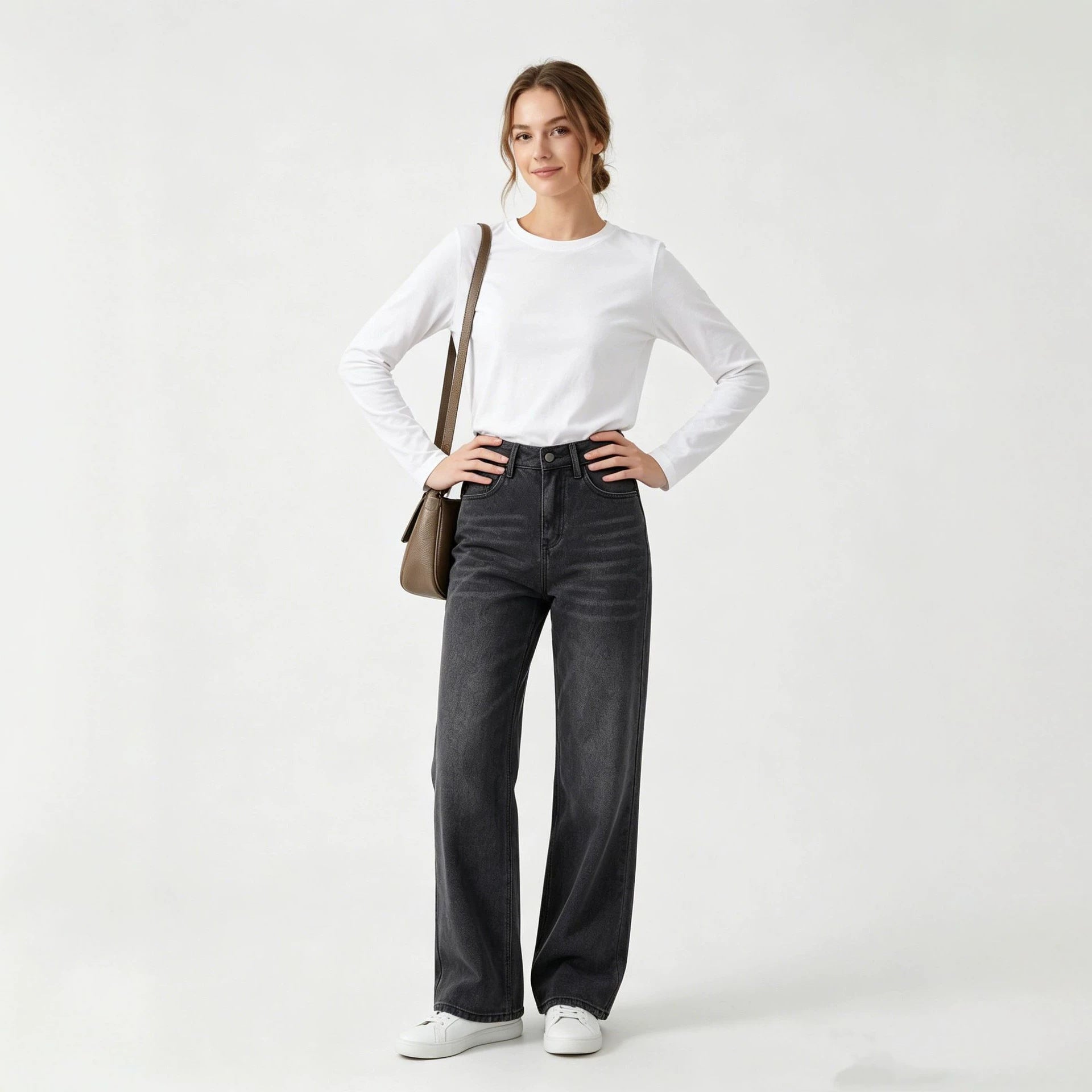 HW Loose Straight Casual All Match Washed Women Jeans