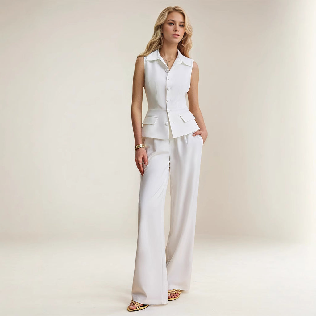 Casual Spring Summer High Grade Sleeveless Collared Slim Fit Vest Wide Leg Pants Women Clothing