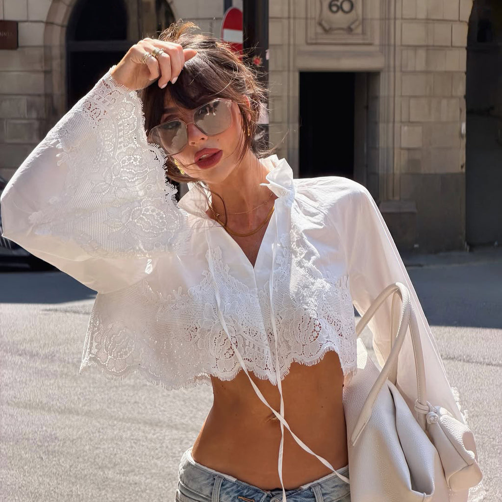 Hollow Out Cutout Out Lace Short Cotton Shirt Top Collar Bell Sleeve Cropped
