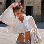 Hollow Out Cutout Out Lace Short Cotton Shirt Top Collar Bell Sleeve Cropped