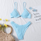 Light blue pleated one-piece bikini swimsuit set with triangle bra top and high-cut bottom