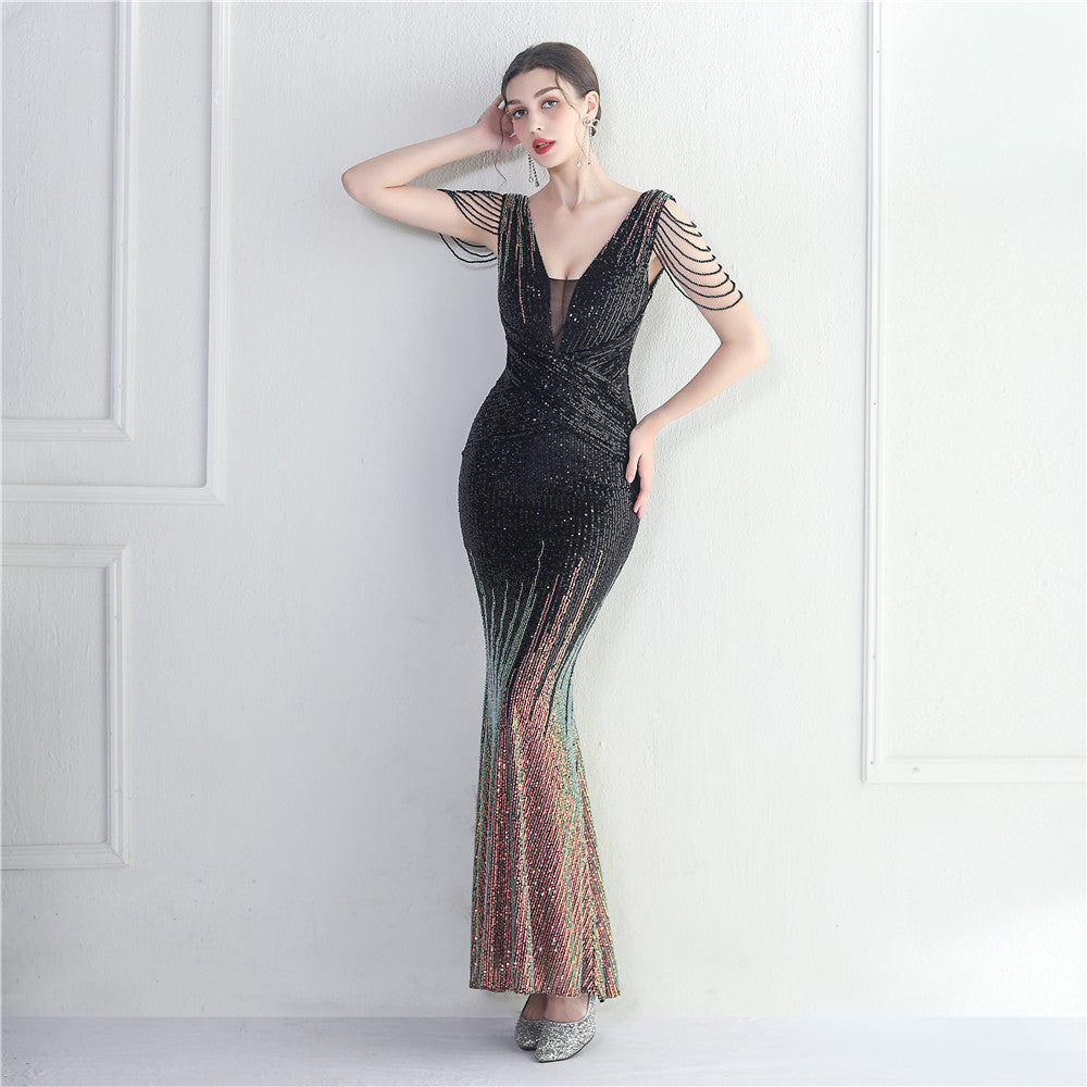 Women's Beaded Sequin Gala Dinner Long Evening Dress Fishtail