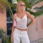 Sexy V neck Dot Mesh Patchwork Top Summer Slim Fit Slimming