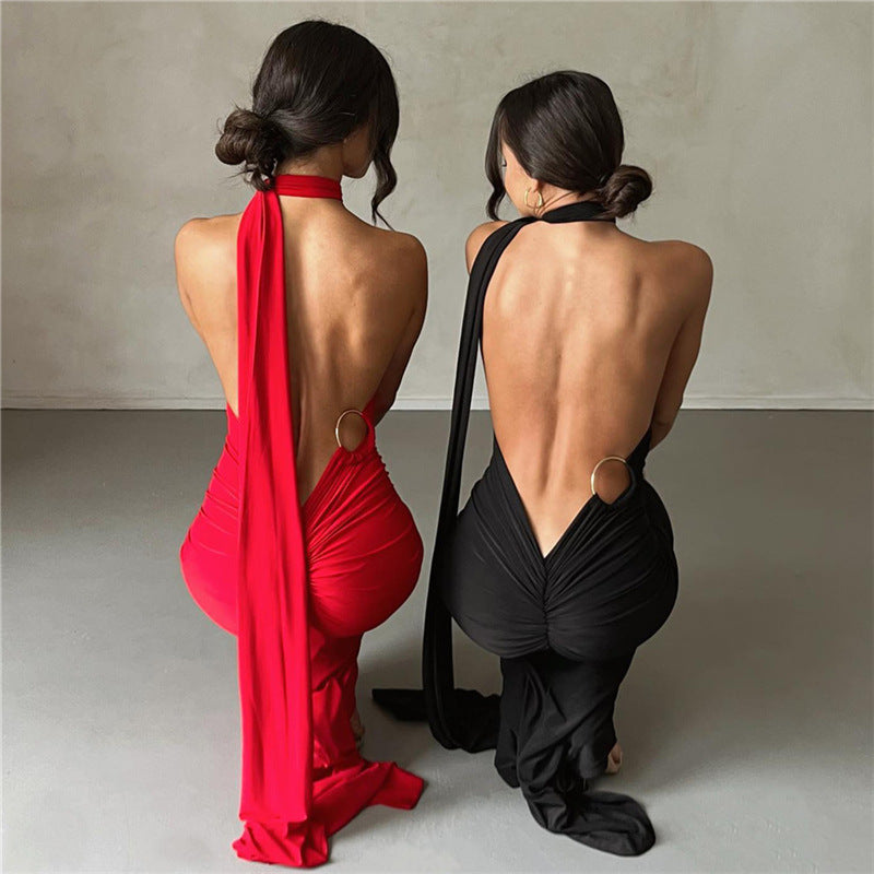 Women's Clothing Sexy Backless Halter Sheath Slim Fit Evening Dress
