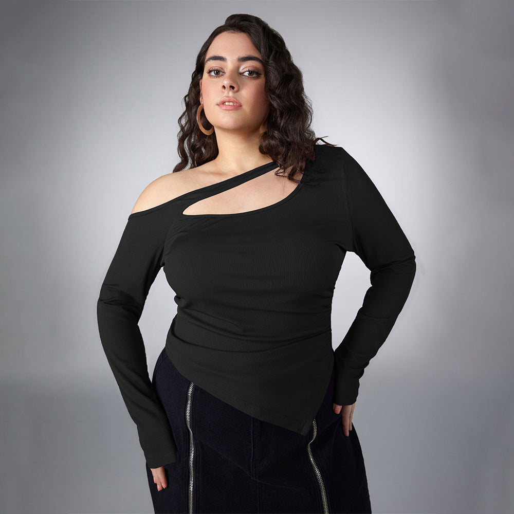 Plus Size Women Clothing Sexy Shoulder Long Sleeved T shirt Women Slim Fit Slimming Irregular Asymmetric Hem Top