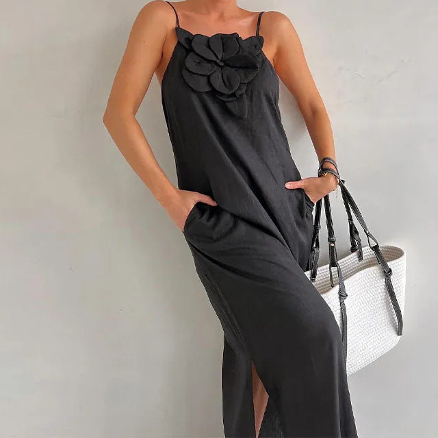 Strap Three Dimensional Floral Strap Cotton Linen Sleeveless Dress