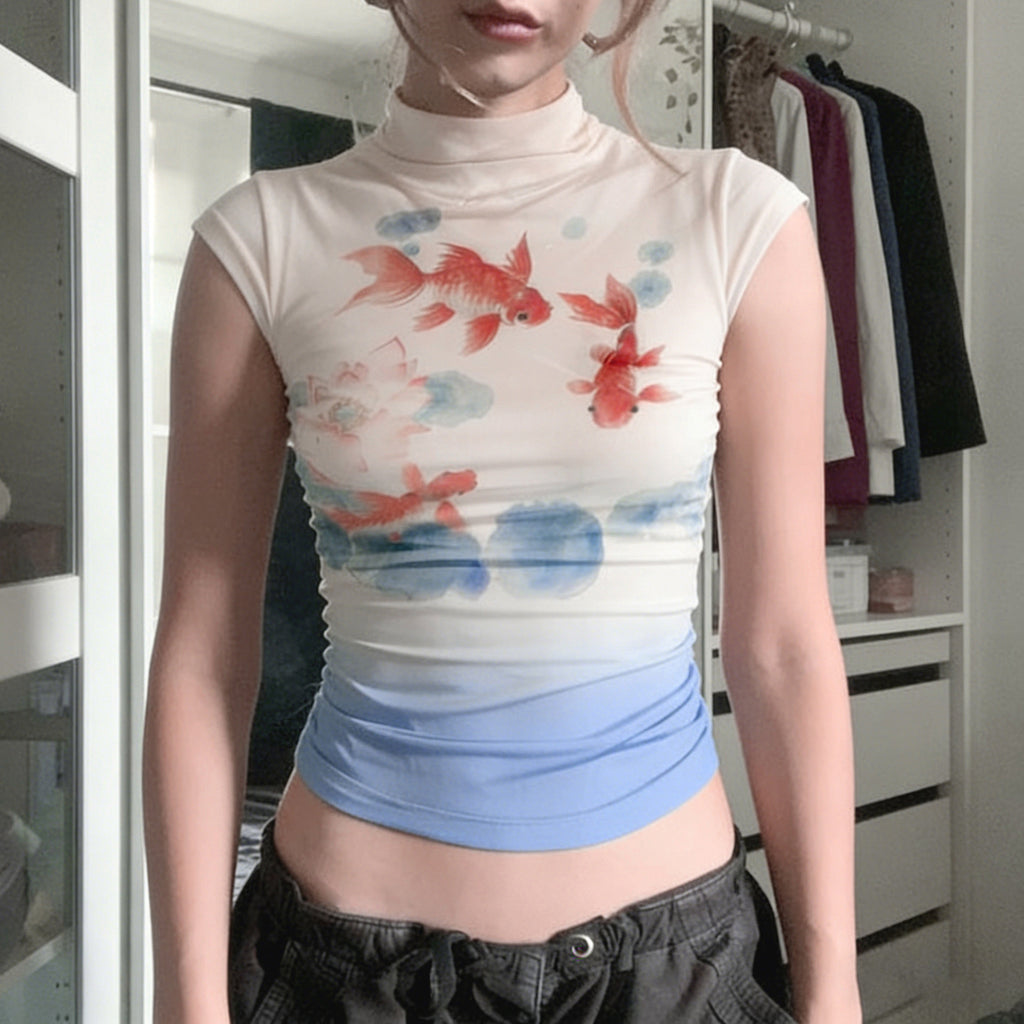 Women’s Ivory Goldfish Graphic Stand Collar T Shirt