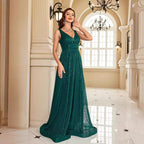 Women's V-Neck Sequin Backless A-Line Maxi Dress