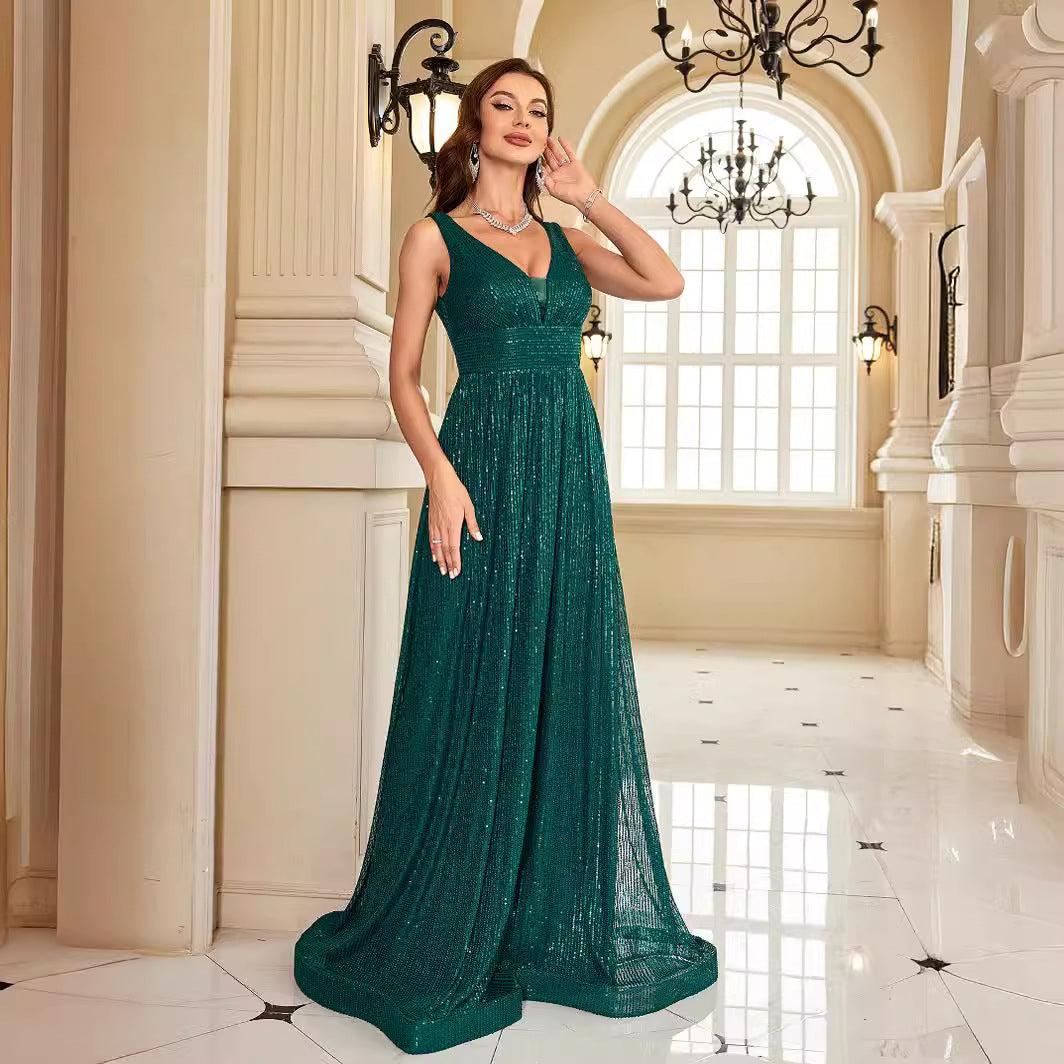 Women's V-Neck Sequin Backless A-Line Maxi Dress