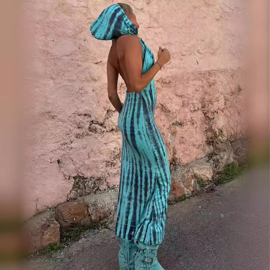 Hooded Backless Print Ethnic Dress