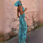 Hooded Backless Print Ethnic Dress