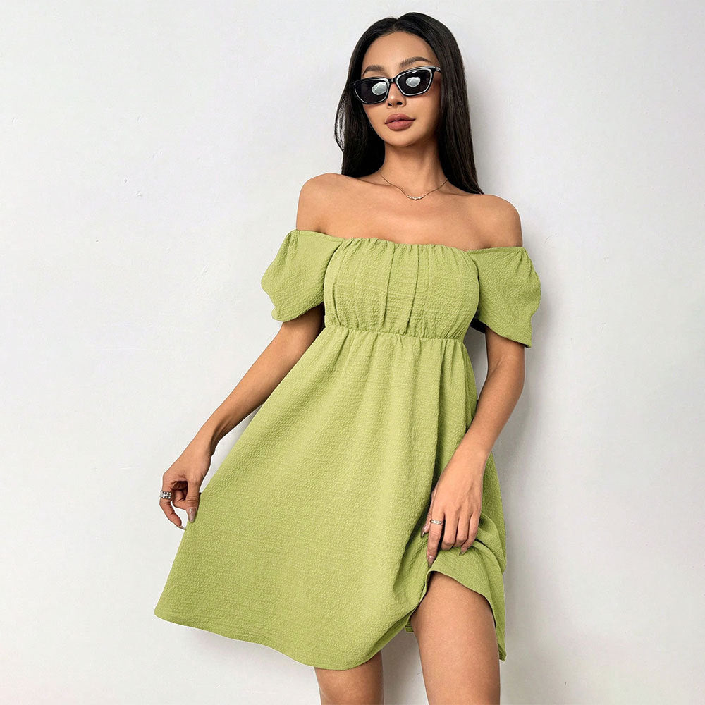 Women's Sexy Elegant Summer Square Collar Puff Sleeve Short Sleeve Waist Controlled Design Short Dress