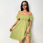 Women's Sexy Elegant Summer Square Collar Puff Sleeve Short Sleeve Waist Controlled Design Short Dress