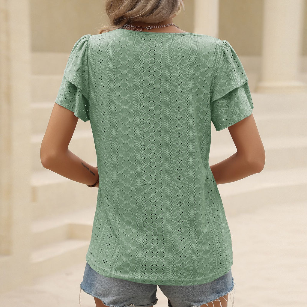 Women's Ruffle-Sleeve V-Neck Top – Double-Layer Short-Sleeve Tee