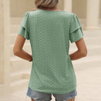 Women's Ruffle-Sleeve V-Neck Top – Double-Layer Short-Sleeve Tee