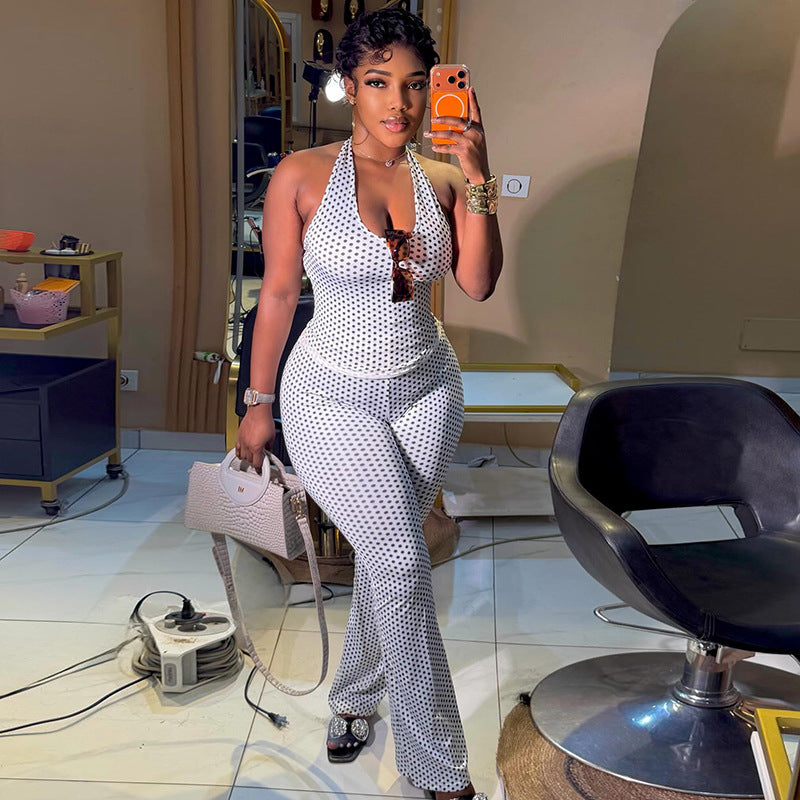 Women Streetwear V neck Halter Casual Pants Suit