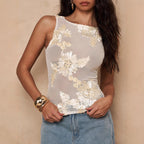 Embroidered Sheer Mesh Fitted Vest Top