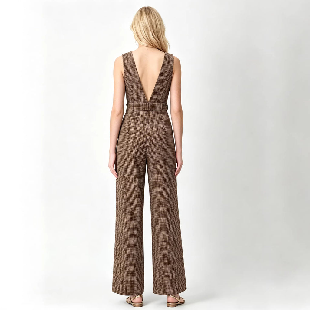Houndstooth V-Neck Belted Jumpsuit