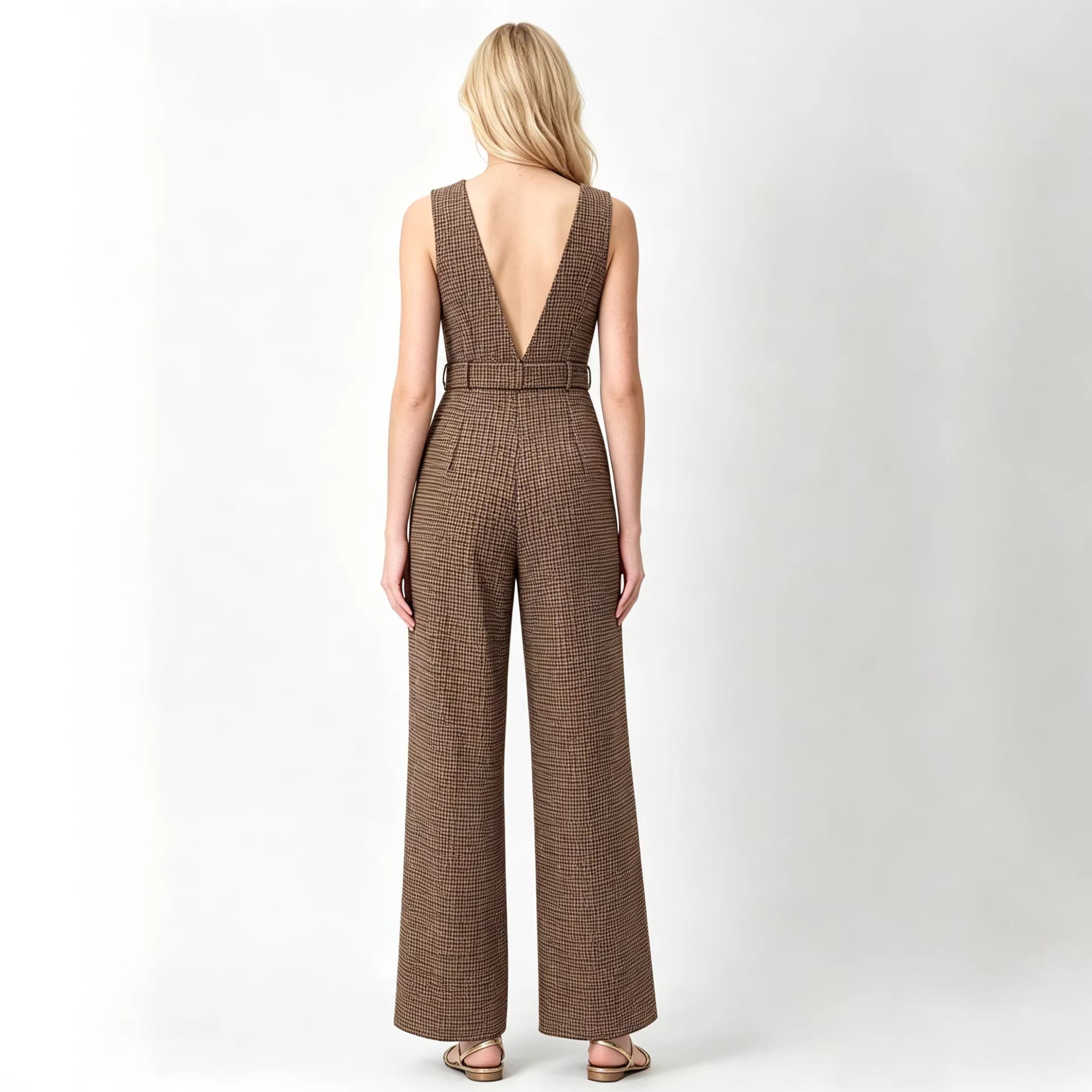 Houndstooth V-Neck Belted Jumpsuit