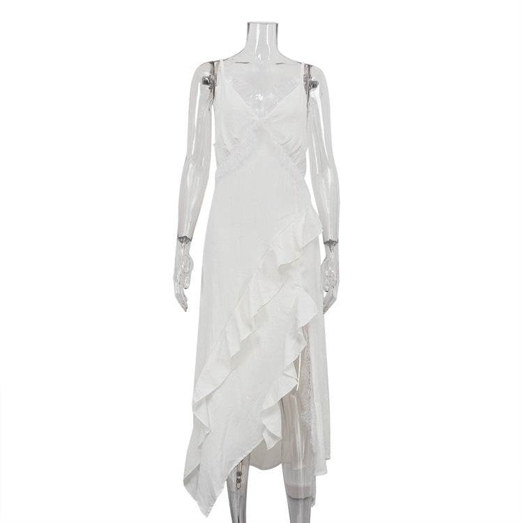 Women's Ivory Backless Lace Asymmetric Cami Dress