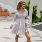 V-Neck Smocking Simple Plaid A-Line Solid Color Babydoll Dress