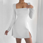 Square-Neck Long-Sleeve Split A-Line Mini Dress