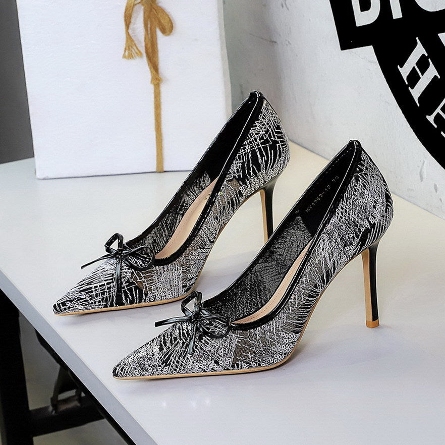 Women's Lace-Decorated Slip-On Pointed-Toe High Heels With Bowknot