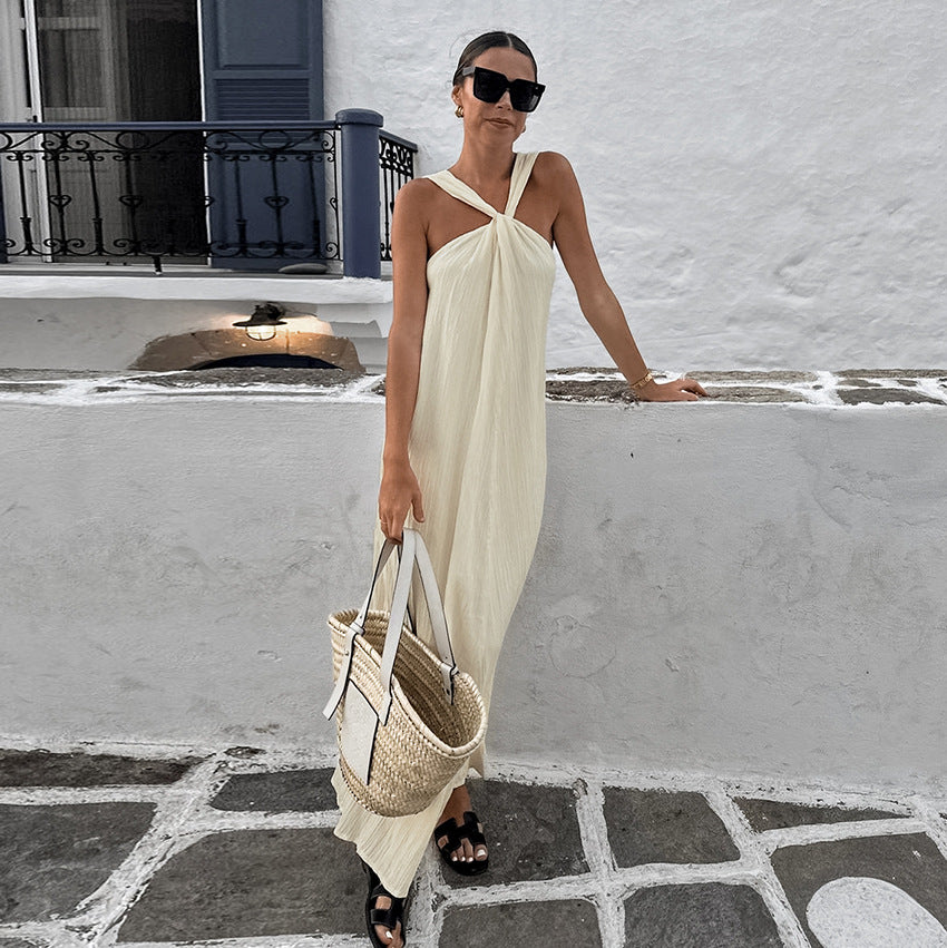 Beige Halter Ankle-Length Dress