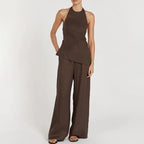 Women's Sexy Women Summer Halter Backless Lace Up Top Loose Trousers Two Piece Set
