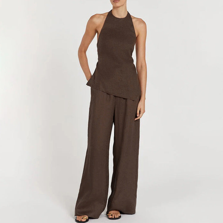 Women's Sexy Women Summer Halter Backless Lace Up Top Loose Trousers Two Piece Set