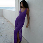 Women Sling Backless Knitted Dress Beach Seaside V neck Sexy Tight Split Spring Summer Dress