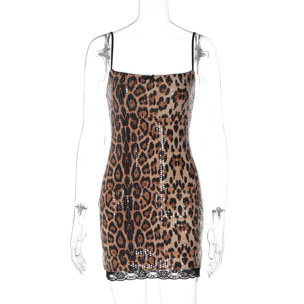 Leopard sequin mini sheath dress on mannequin with spaghetti straps and lace hem