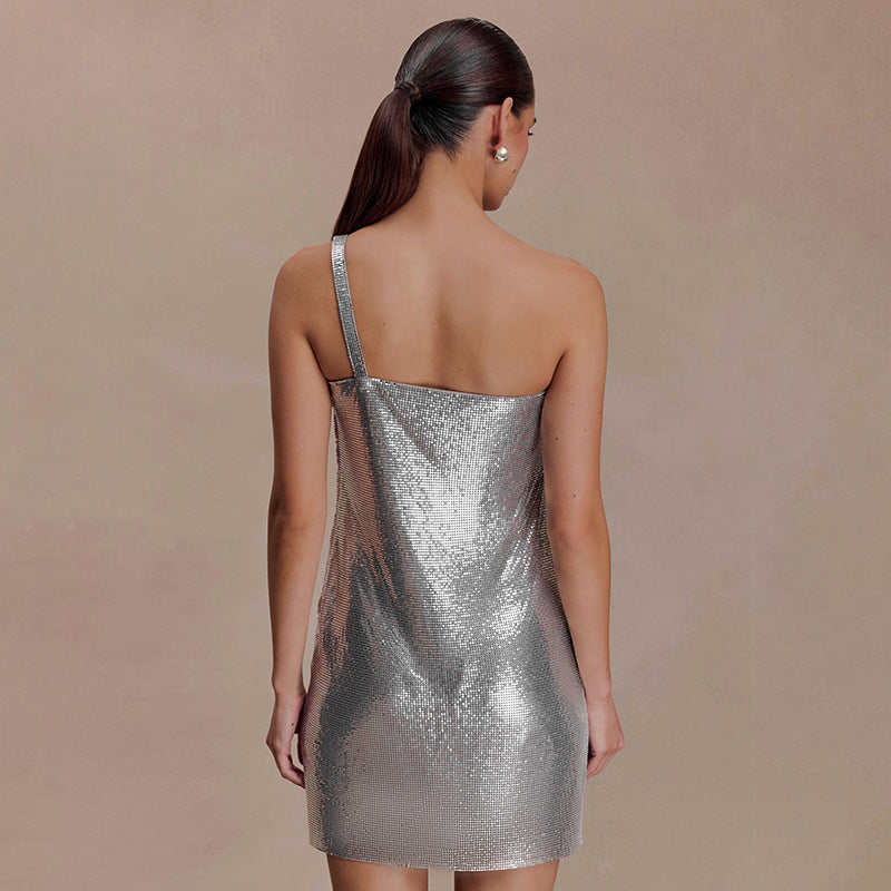 Solid Color Sleeveless Diagonal Collar Glossy Dress