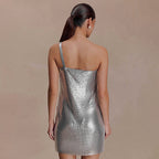Solid Color Sleeveless Diagonal Collar Glossy Dress