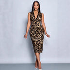 Leopard Print Sleeveless High Waist Elegant Deep V-Neck Plunge Neck Dress