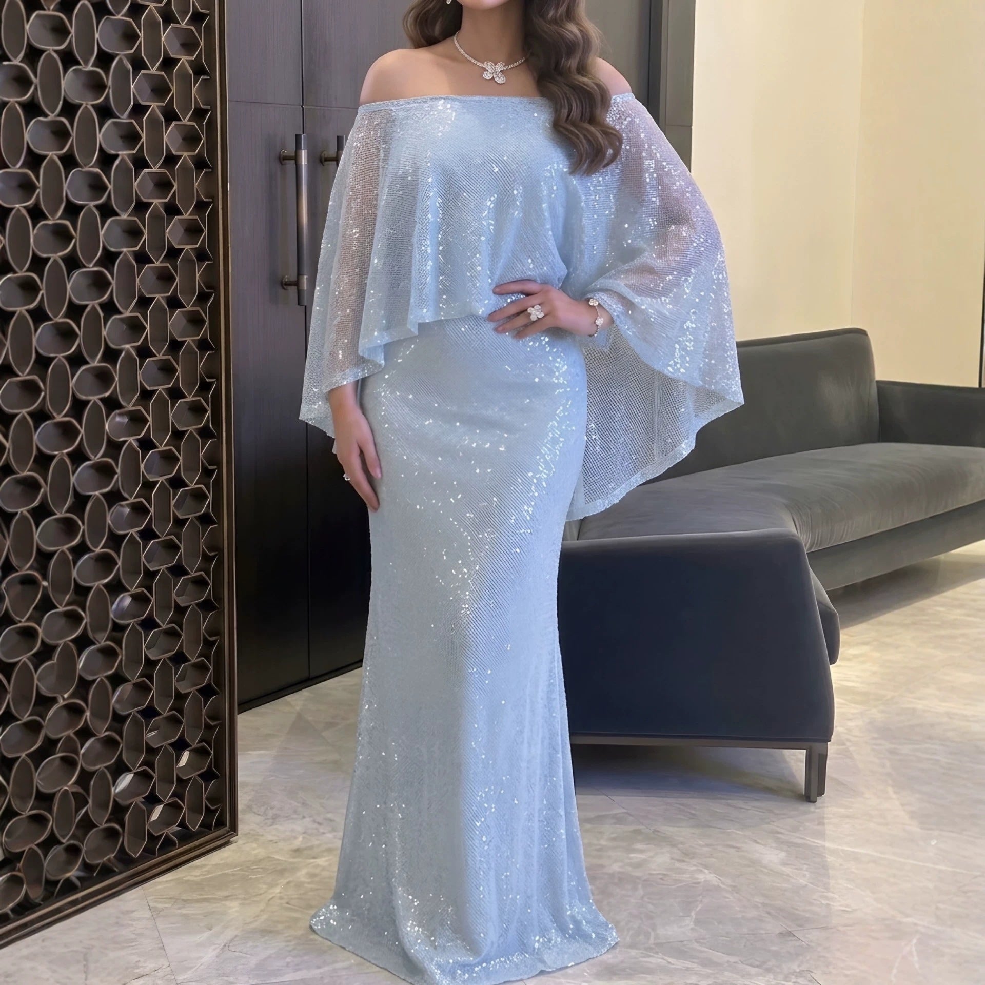 Women's Off-Shoulder Sequin Ballgown Maxi Dress