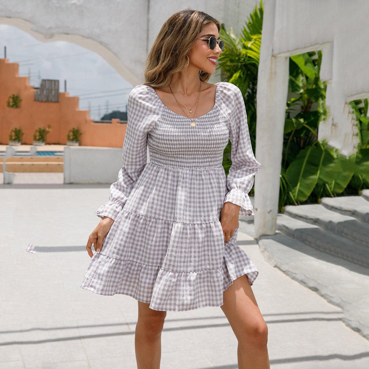 V-Neck Smocking Simple Plaid A-Line Solid Color Babydoll Dress