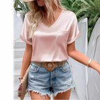 Women's Satin V Neck Pocket Top
