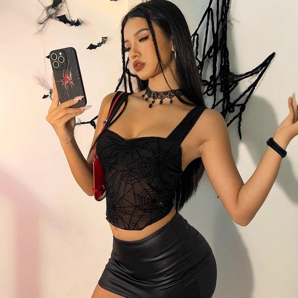 Women's Autumn Winter Sexy Sexy Spider Web Mesh See Through Slim Fit Sleeveless Vest Top Women
