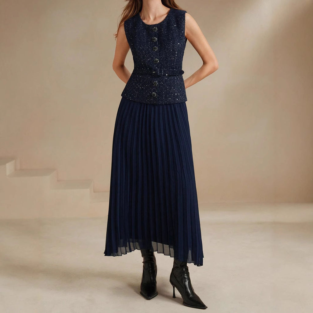 Women's Spring Summer Woolen Stitching Vest Pleated Dress