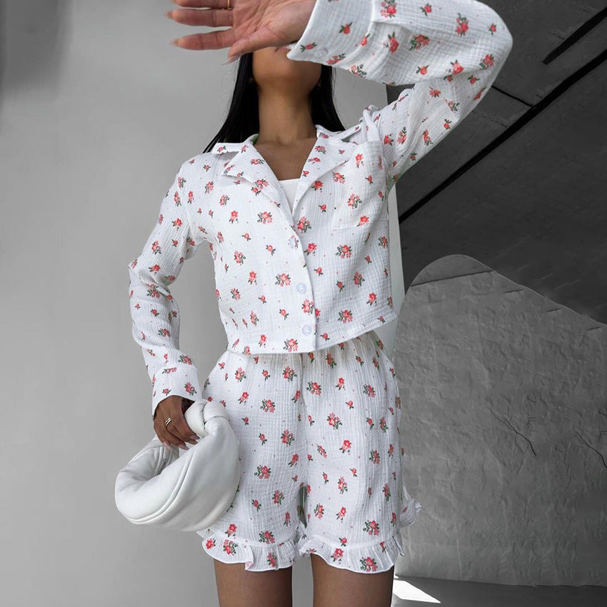 Summer Pattern Print Long Sleeved Ruffled Shorts Pure Cotton Two Piece Soft Home Wear Women