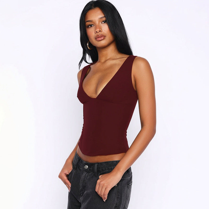 Solid Color Deep V Plunge Neck Lace Up Short Slim Fitting Top