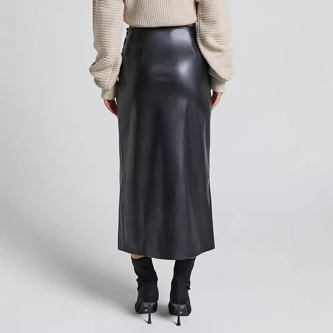Faux Leather Split High Waist Zipper Slim Skirt