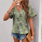 Women’s Green Floral V Neck Short Sleeve Blouse