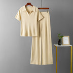 Polo Collar Pullover Short-Sleeve Top Slimming Solid Color Wide Leg Trousers Knitted Suit Set
