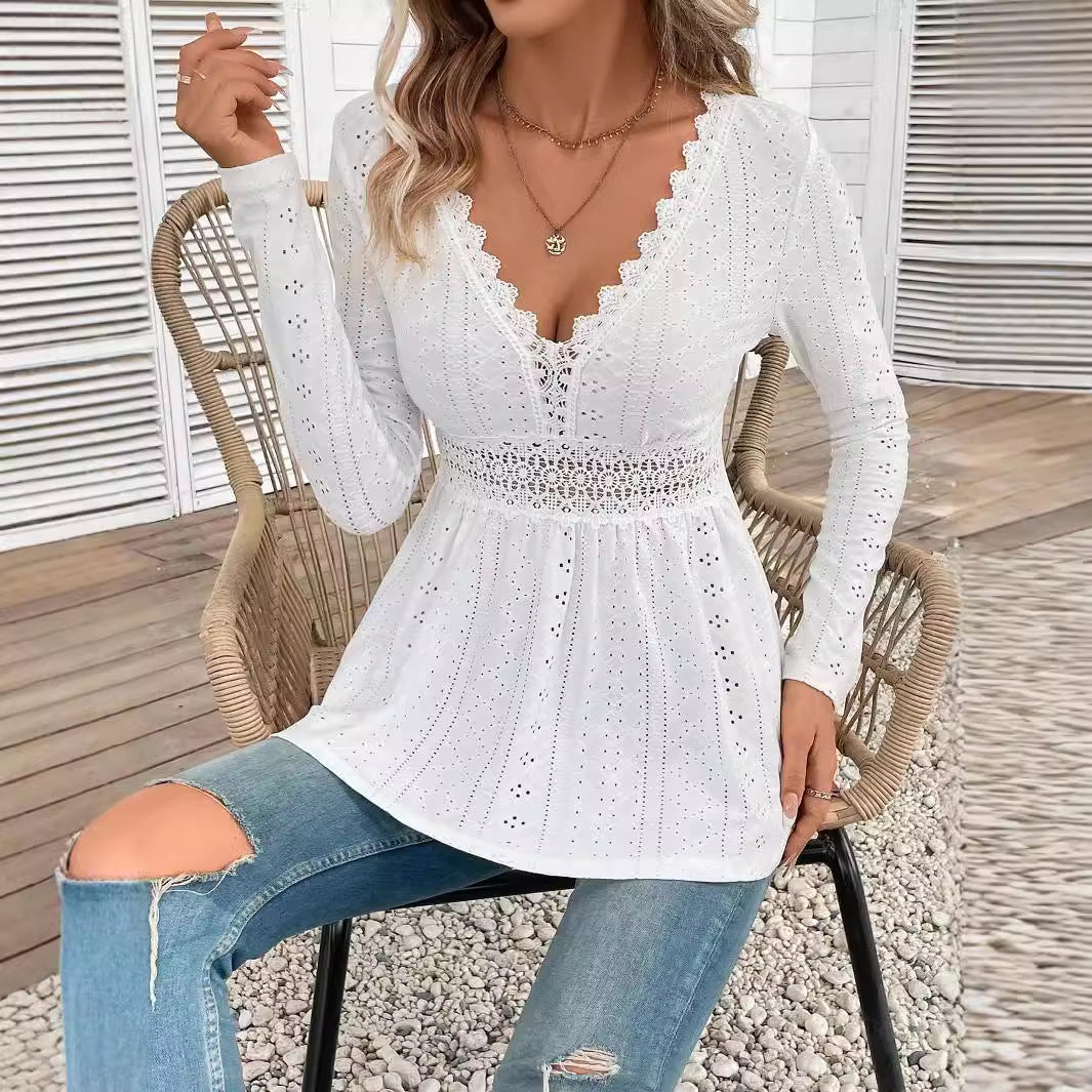 Lace Stitching V-Neck Long Sleeve Top